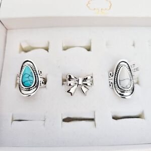 3pc Fashion Ring Set Silver Bow Blue Stone White Stone Country Girl Southwestern